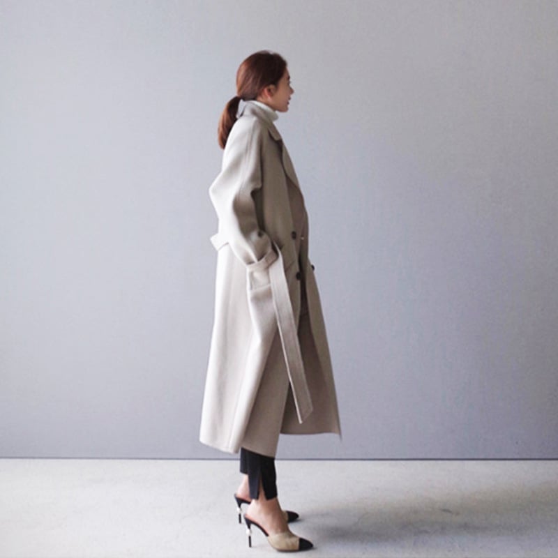 Mid-Length Double-Sided Woolen Coat with Waist Belt | Ideal for Autumn and Winter