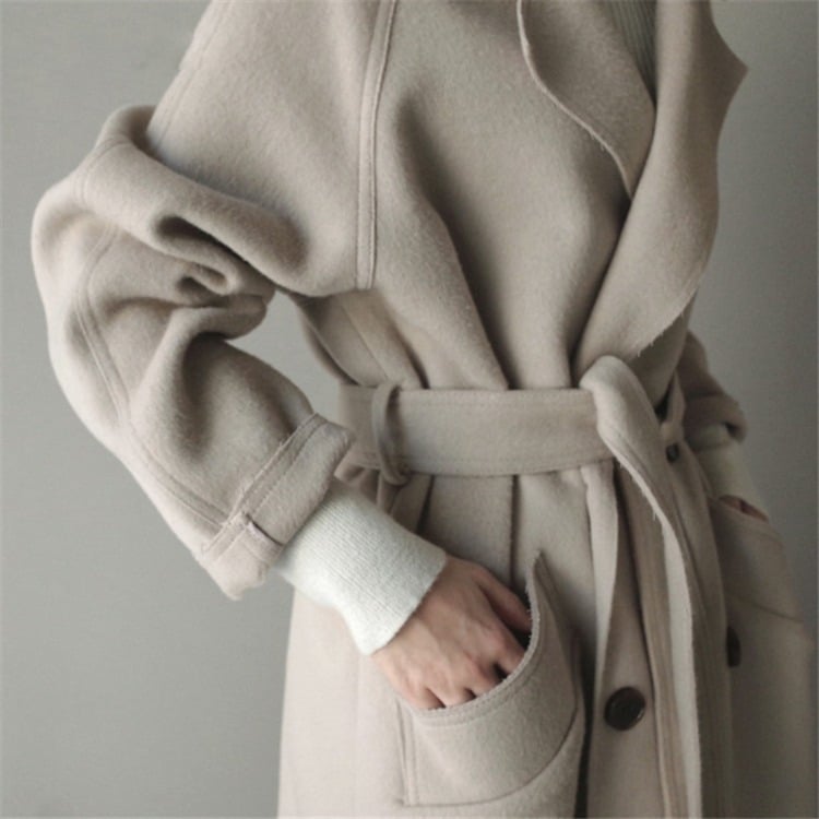 Mid-Length Double-Sided Woolen Coat with Waist Belt | Ideal for Autumn and Winter