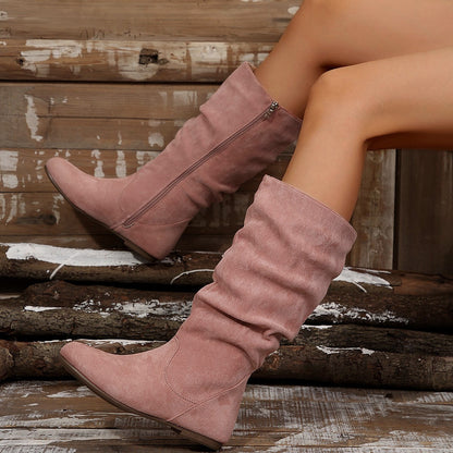 Suede Mid-Calf Boots with Side Zipper & Low Heel | Ideal for Autumn & Winter