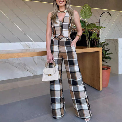 Plaid Sleeveless Vest and Straight-Leg Pants Set | Ideal for Autumn and Spring