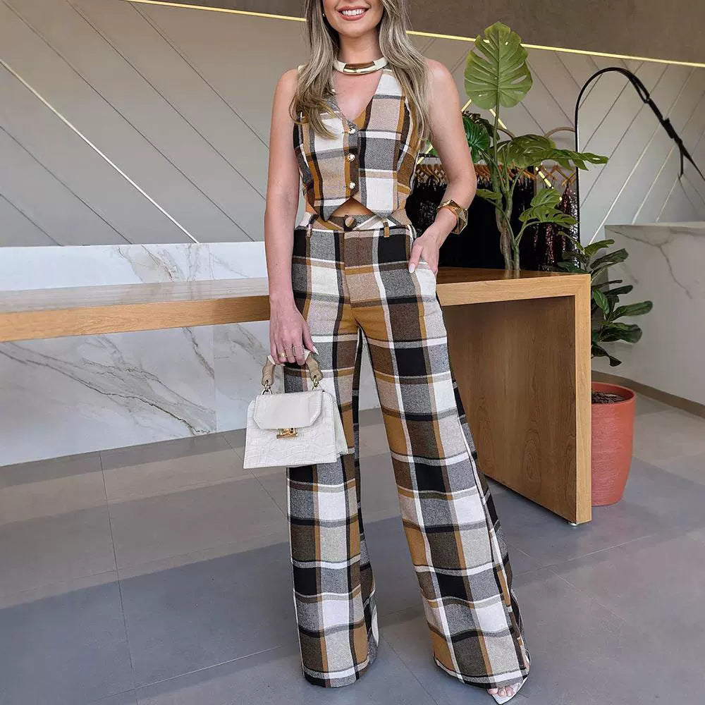 Plaid Sleeveless Vest and Straight-Leg Pants Set | Ideal for Autumn and Spring