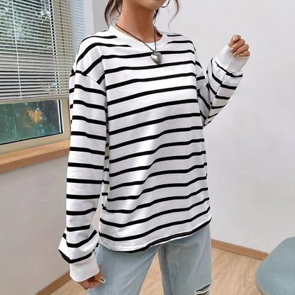 Loose Fit Round Neck Striped Long-Sleeve T-Shirt | Ideal for Spring and Fall