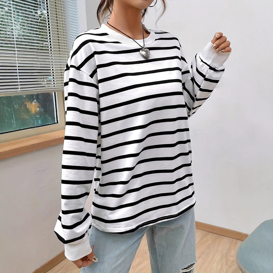 Loose Fit Round Neck Striped Long-Sleeve T-Shirt | Ideal for Spring and Fall