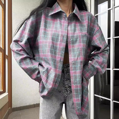 Women's Retro Plaid Lapel Loose Long-Sleeved Cardigan Shirt | Ideal for Spring and Autumn