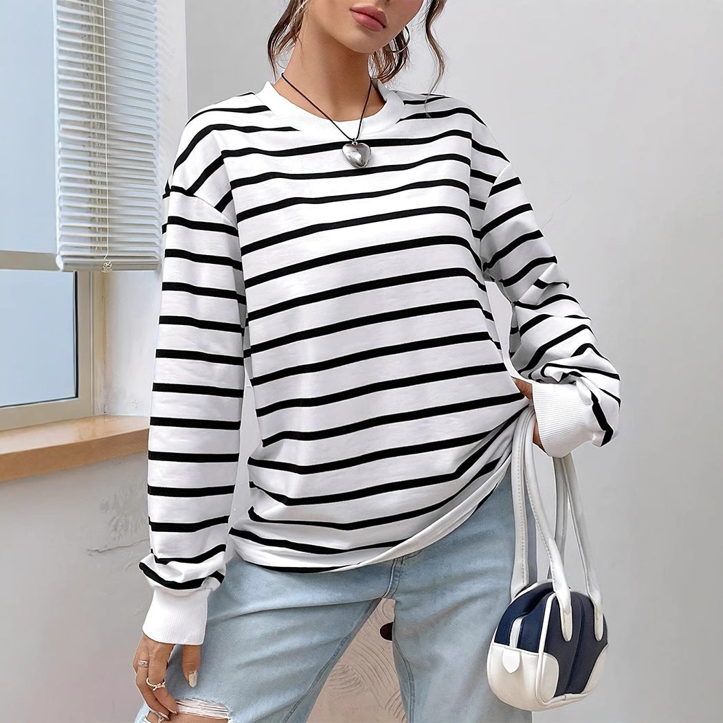 Loose Fit Round Neck Striped Long-Sleeve T-Shirt | Ideal for Spring and Fall