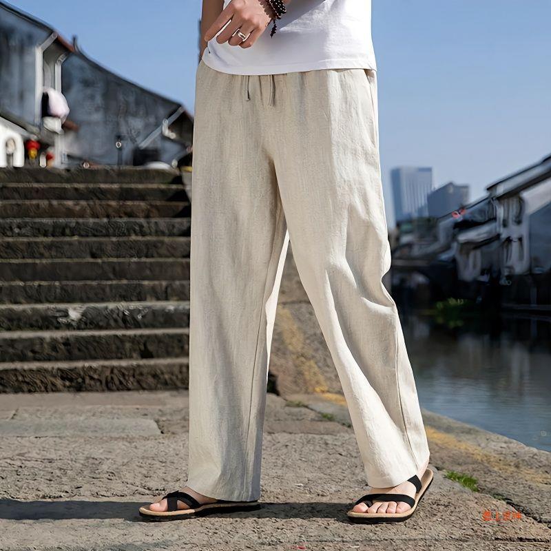 Men's Loose Cotton Linen Straight-Leg Trousers Ideal for Spring