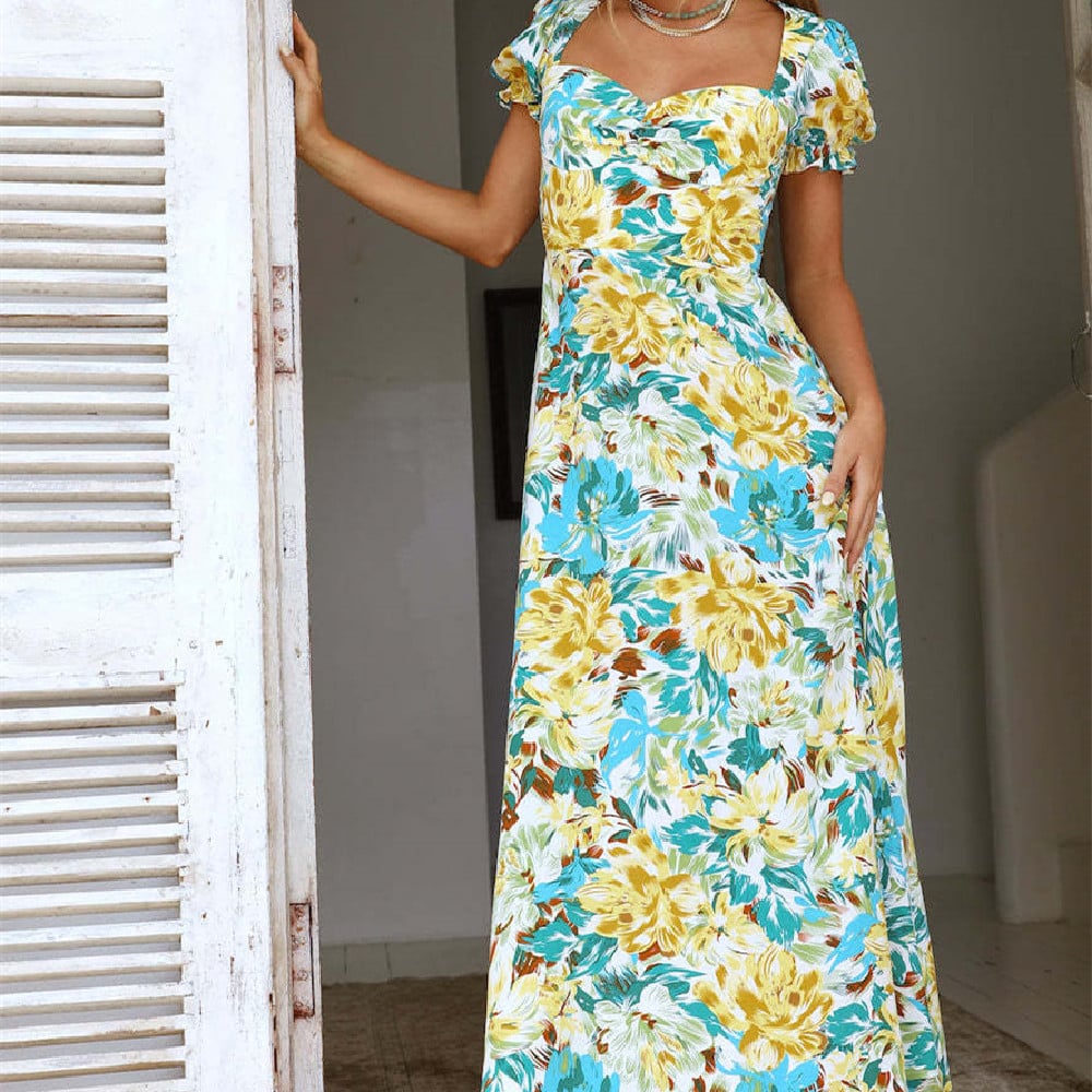 Floral Print Long A-Line Dress with Square Collar I Ideal for Spring and Summer