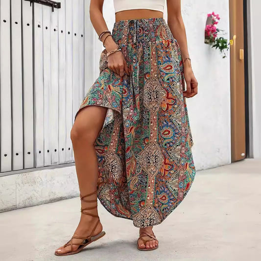 Printed A-Line Mid-Length Skirt with Lace-Up Detail | Ideal for Spring and Autumn